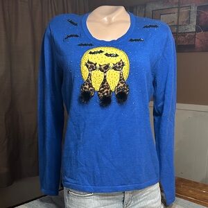 Just B Royal Blue Sweater with Cats, Bats and Glitz - Vintage- Shoulder Pads